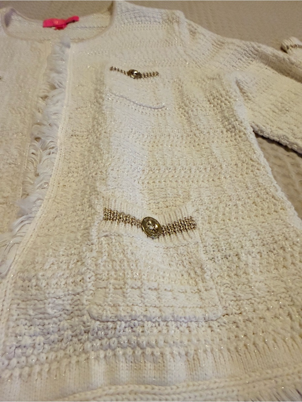 Lilly Pulitzer Women’s Cream Fringe Knit Cardigan with Metallic Trim - Picture 3 of 4